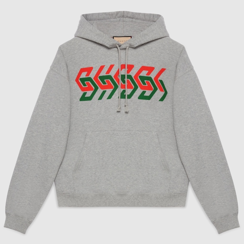 size M Gucci Chain Print Hooded Sweatshirt Grey Cotton Hoodie Red Green